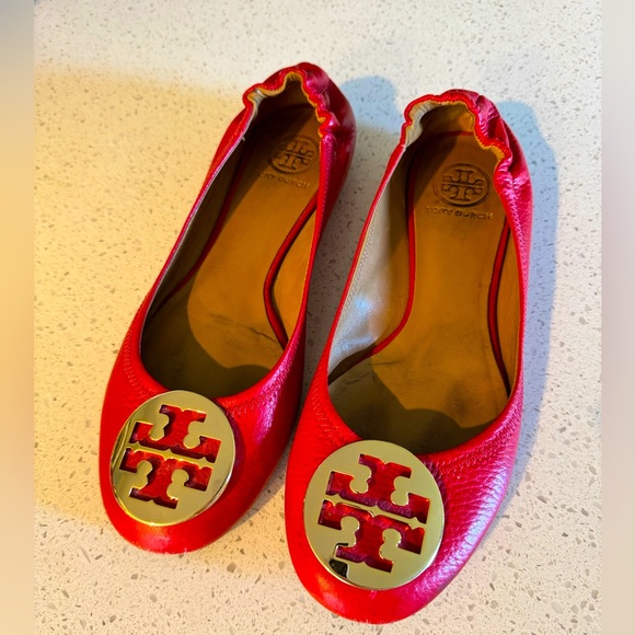 Tory Burch Vibrant Red Flats with Gold Accents - Picture 1 of 9